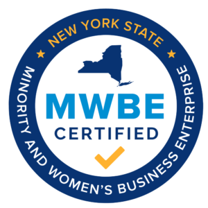 New York State MWBE Certified seal: Blue and gold graphic with text and outline of New York state.