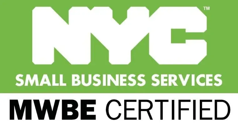 NYC Small Business Services MWBE certified logo. Green background, white text.