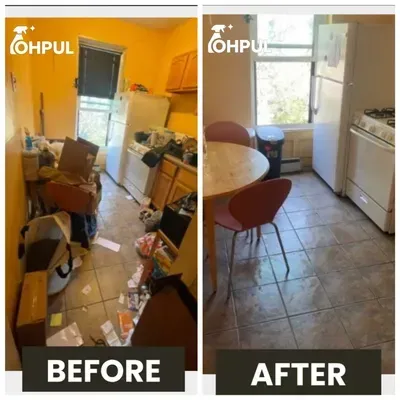 Before-and-after of a kitchen: cluttered with trash versus clean with a table and chairs.