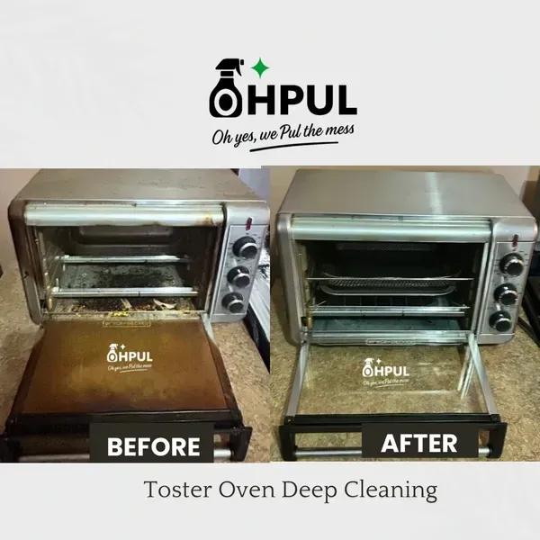 Before and after cleaning comparison: dirty toaster oven transforms to clean. Black text overlay reads "BEFORE" and "AFTER".
