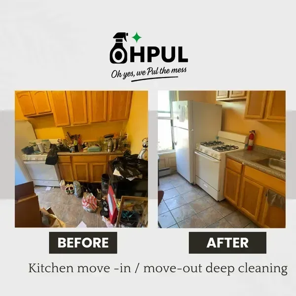 Before and after comparison of a kitchen cleaning service. The before is messy, the after is clean.