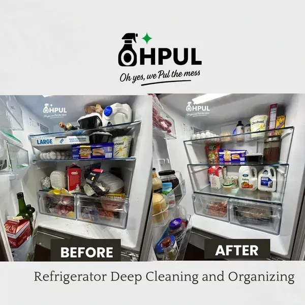 Side-by-side comparison of a refrigerator before and after deep cleaning and organizing.