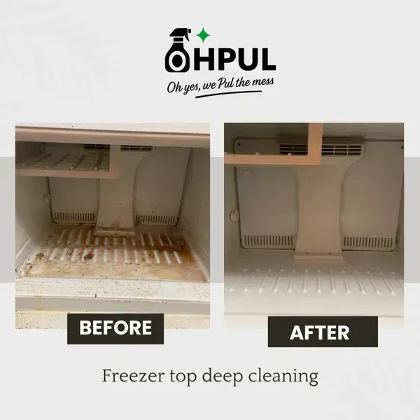 Freezer interior before and after deep cleaning. Shows a dirty freezer then a clean freezer.