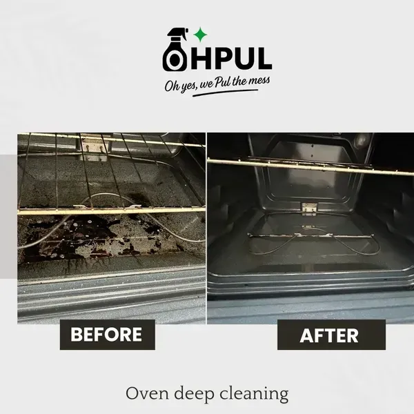 Before and after photos of an oven deep cleaning, showing a dirty oven interior transforming to a clean one.