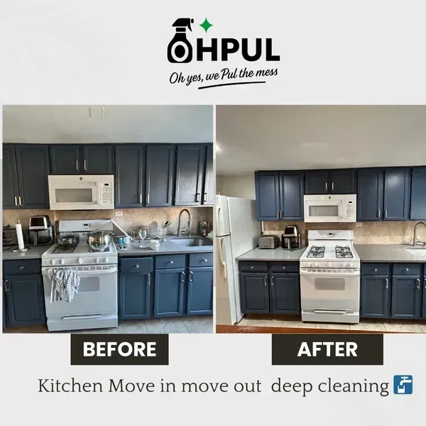 Before and after photos of a kitchen cleaning. Dark blue cabinets, white appliances, and a countertop are visible.