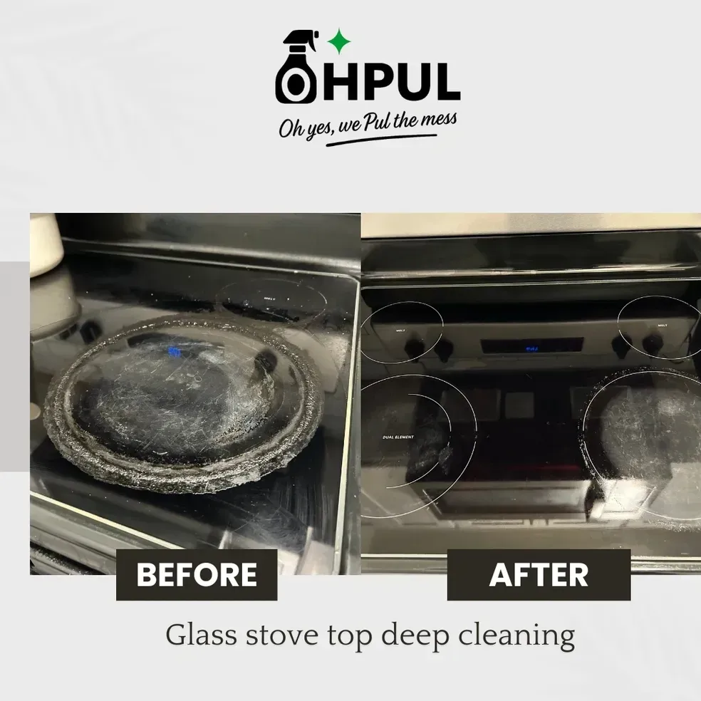 Comparison of a dirty and clean glass stovetop; the right side is the
