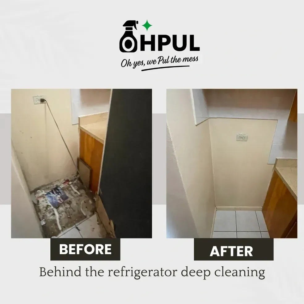 Before and after comparison of a space behind a refrigerator cleaning. Dirty before and clean after.