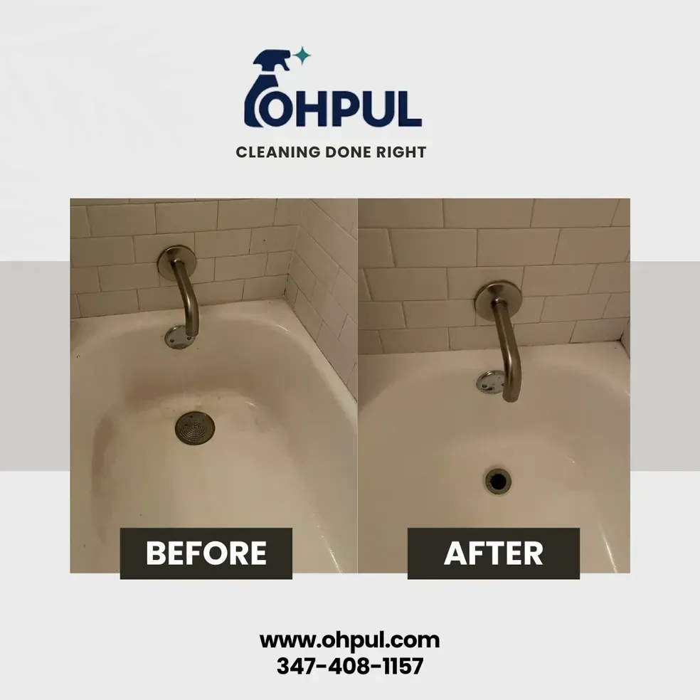Before and after cleaning of a white bathtub, with a water spout, and tile.