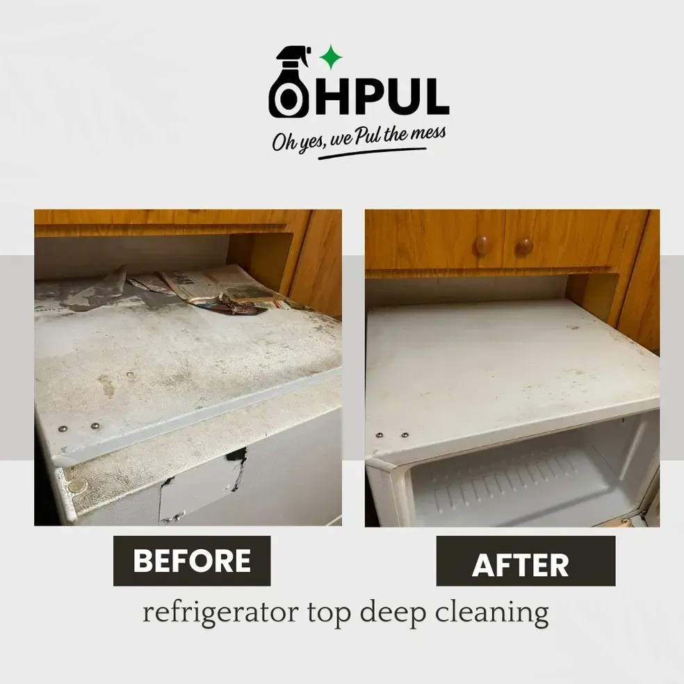 Before and after photos showing a refrigerator top being cleaned.