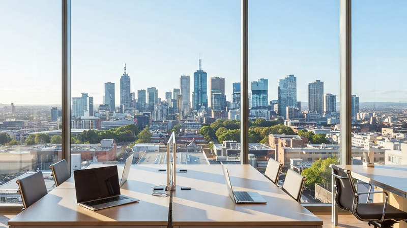 A conference room with a view of the city skyline.