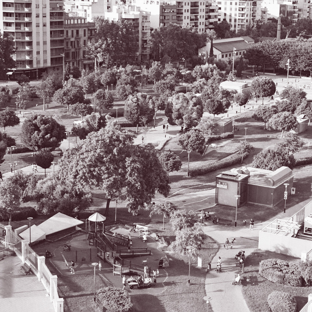 An aerial view of a park with lots of trees and buildings in the background