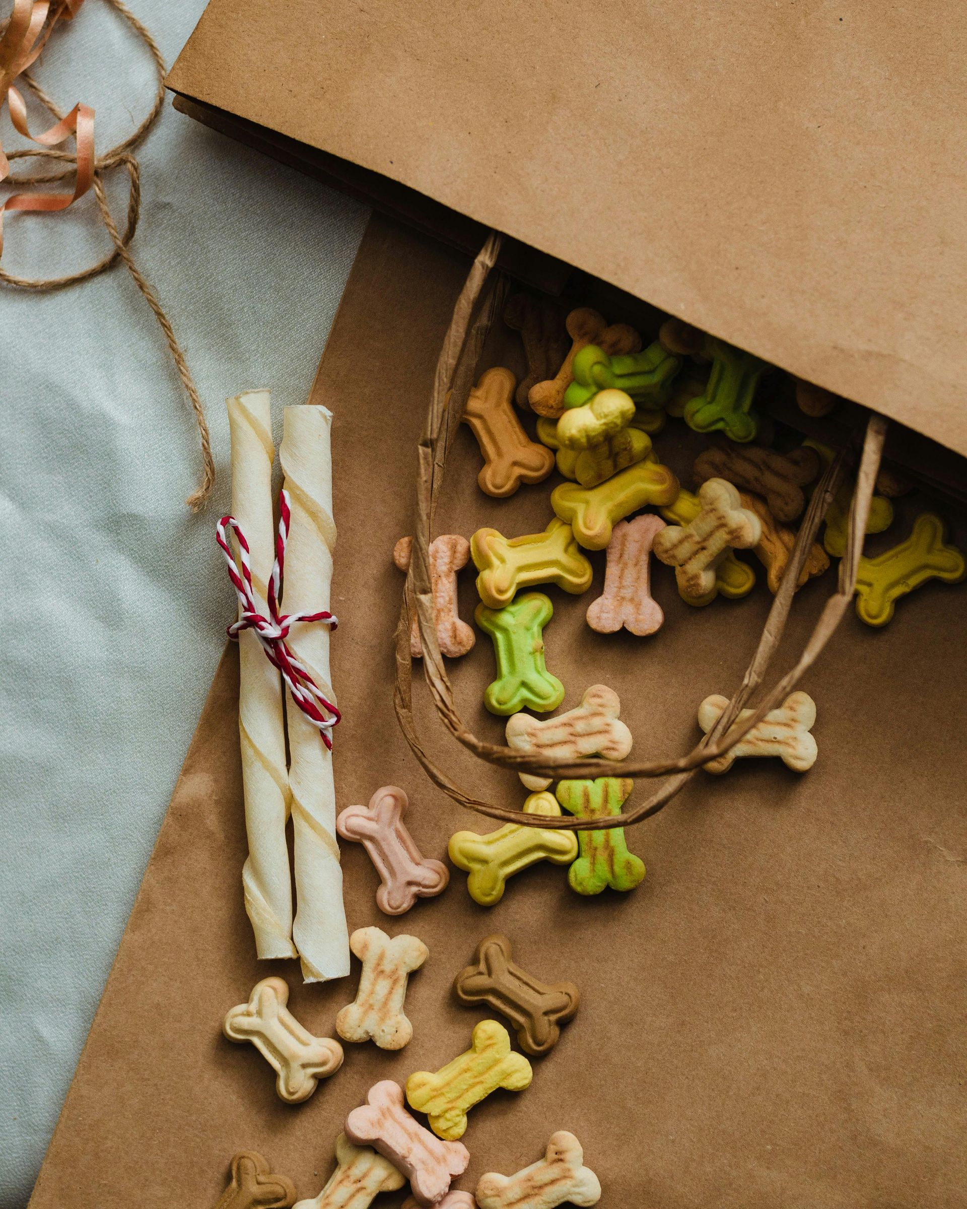 Small bone-shaped dog treats on brown paper, with a wrapped chew and twine on a rustic surface
