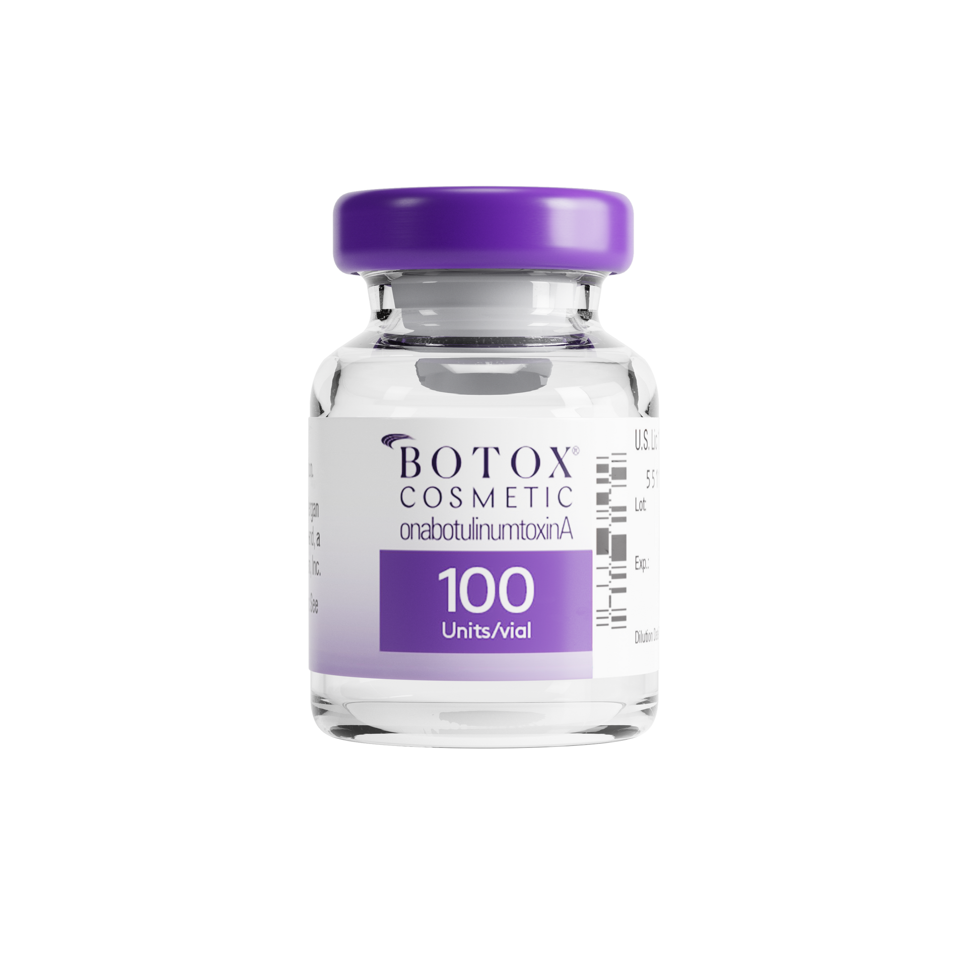 A bottle of botox cosmetic injections with a purple cap on a white background.