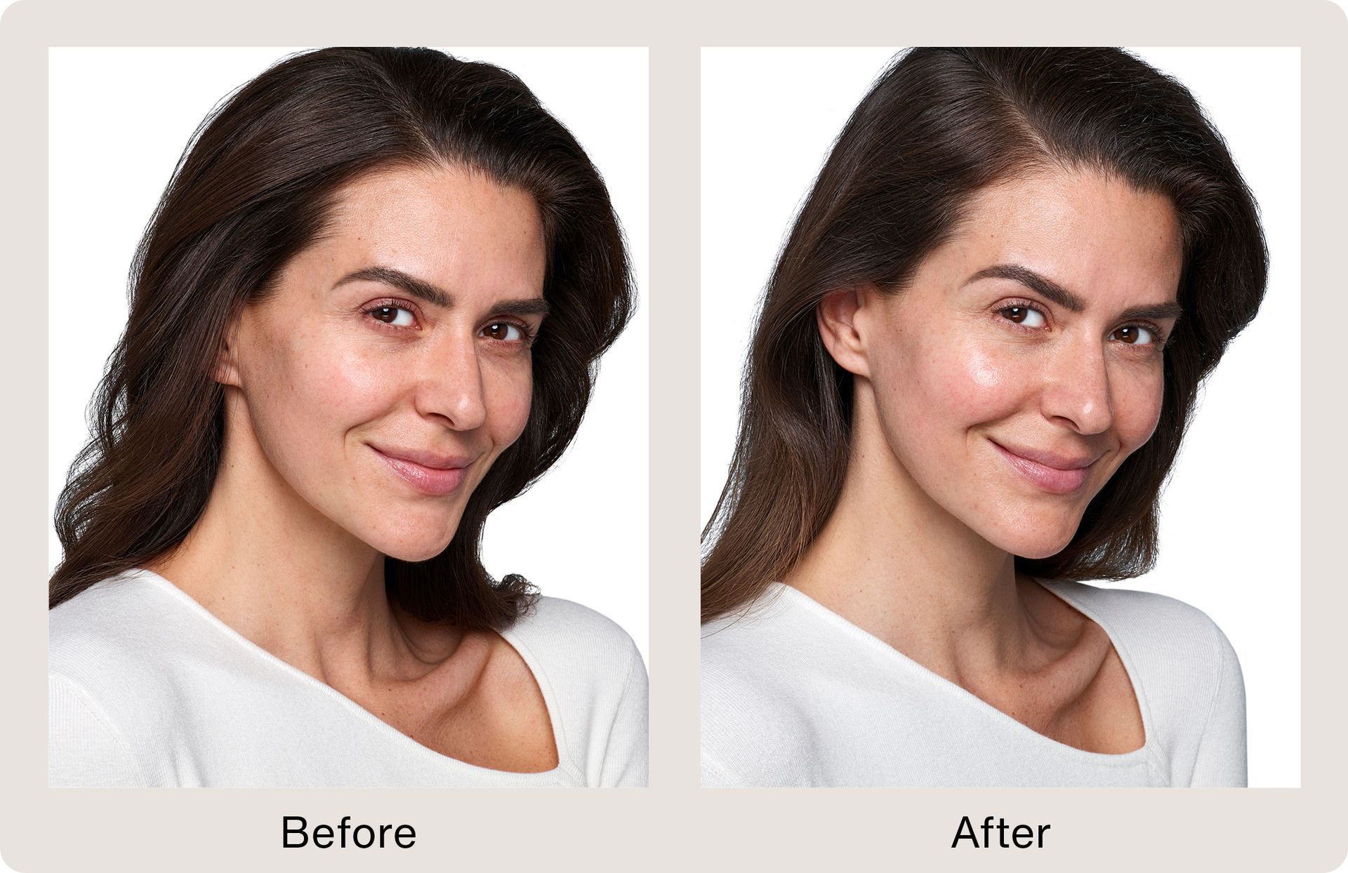 A before and after picture of a woman 's face.