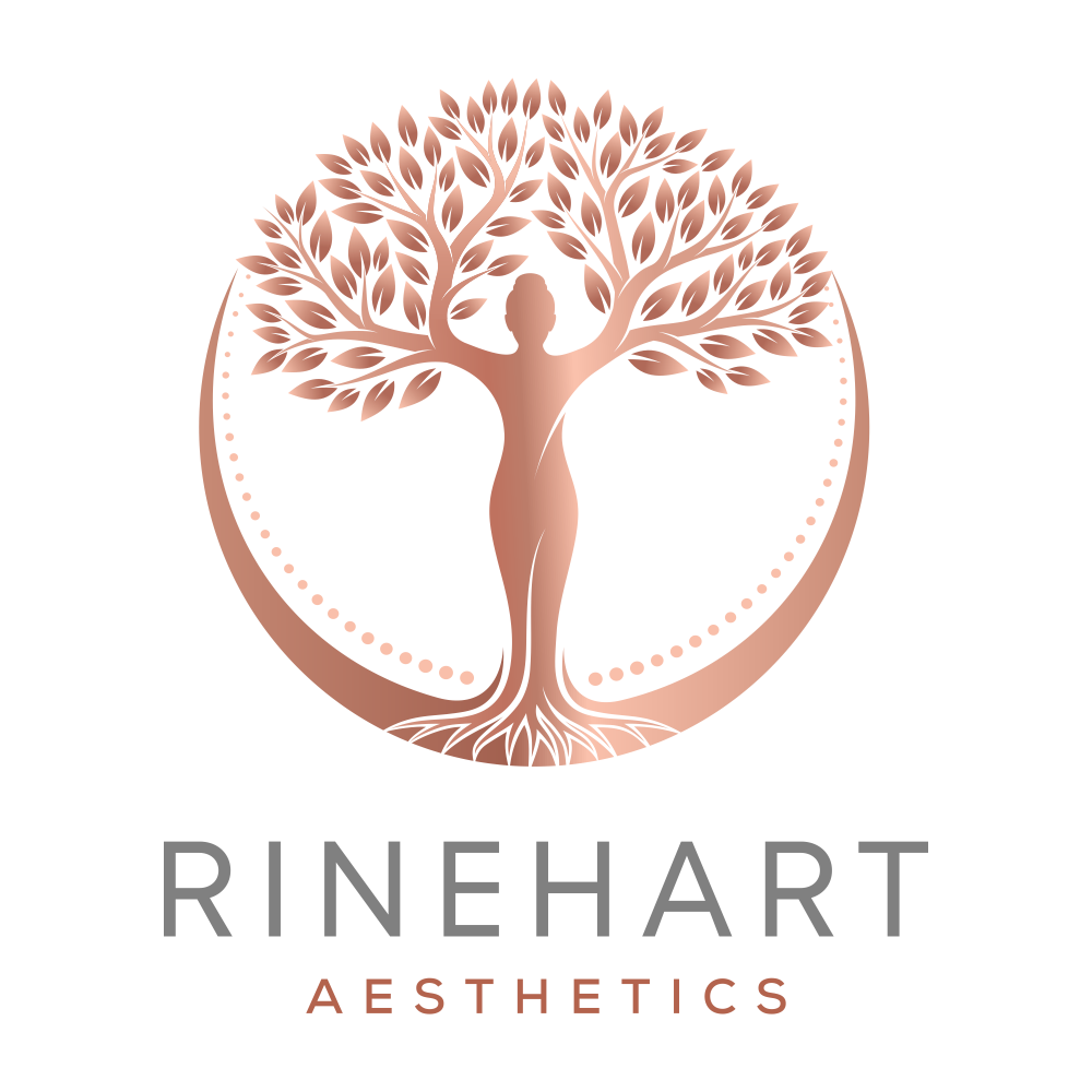 The logo for Rinehart aesthetics shows a woman formed into a tree in a circle.