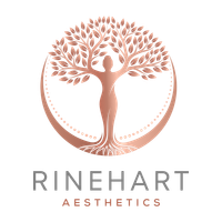 The logo for Rinehart aesthetics shows a woman formed into a tree in a circle.