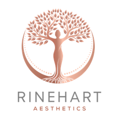 The logo for Rinehart aesthetics shows a woman formed into a tree in a circle.