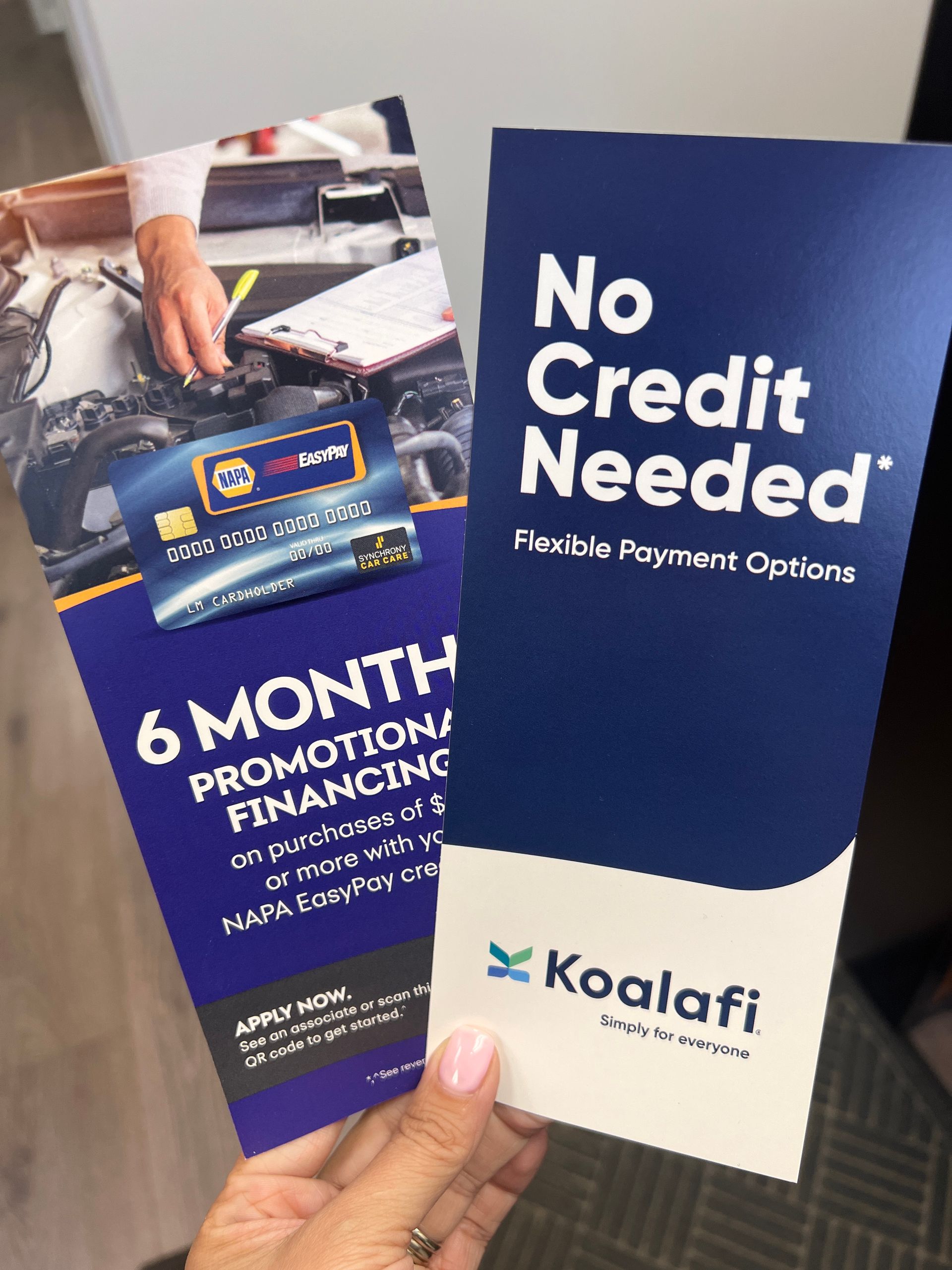 Two flyers: one for NAPA AutoCare financing, the other for KoalaFi with 