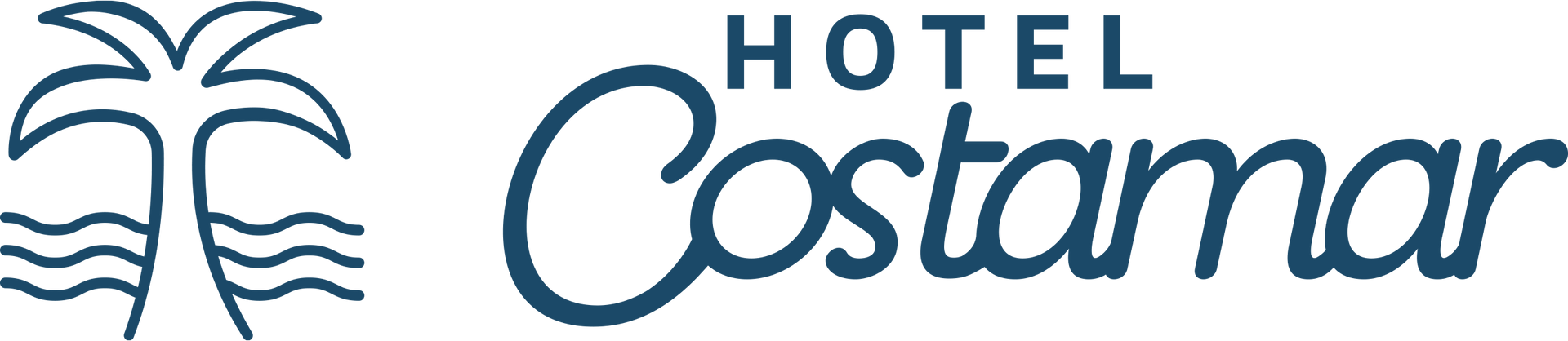 Logotipo com uma palmeira branca e ondas.