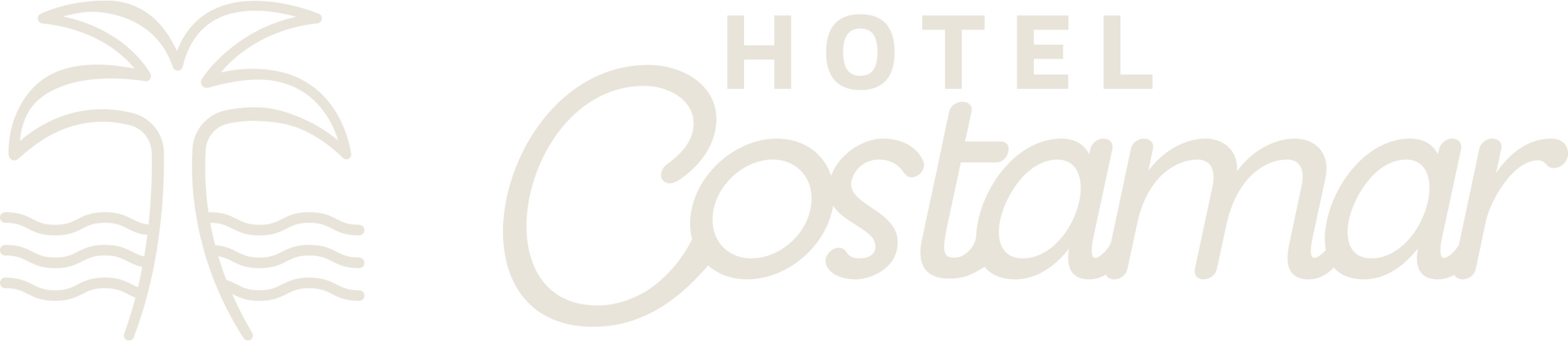 Logotipo com uma palmeira branca e ondas.