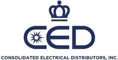 Logo for Consolidated Electrical Distributors: Navy blue text, a sunburst, and a crown.