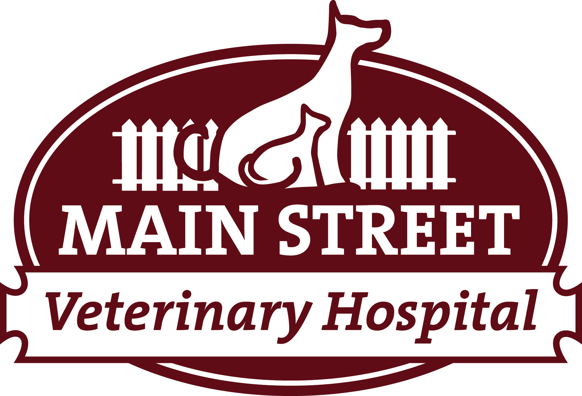 Logo: Main Street Veterinary Hospital; dog silhouette over picket fence, maroon and white.