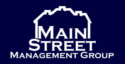 White logo on blue background for Main Street Management Group, featuring a house silhouette.