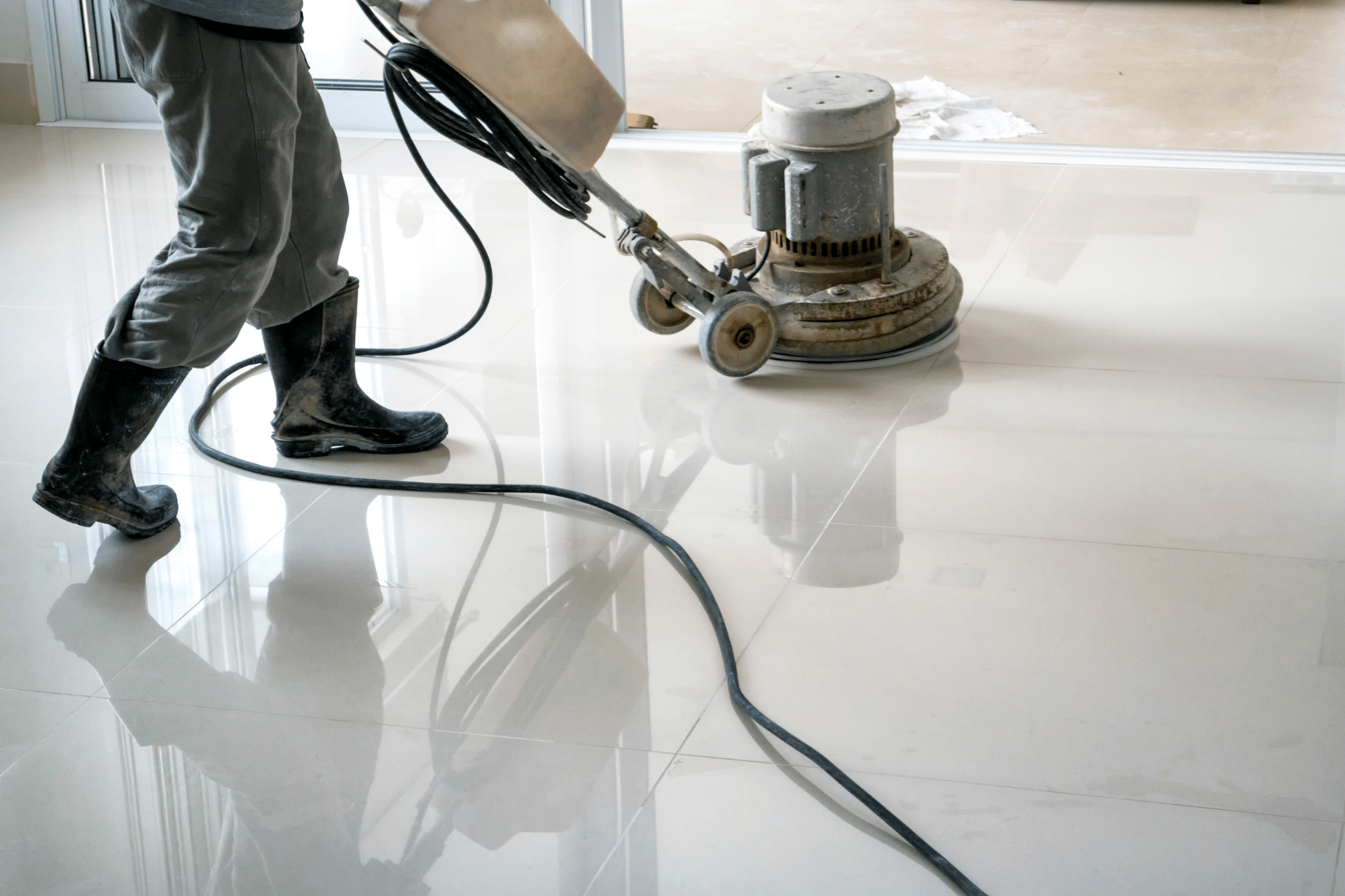 A man is polishing a marble floor with a machine.