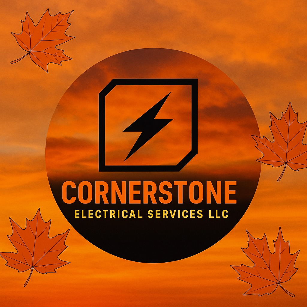 Logo for Cornerstone Electrical Services LLC, lightning bolt inside a square, over orange sunset background, with fall leaves.
