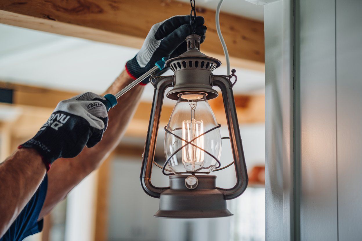 Person installing a vintage lantern light fixture, using a screwdriver, inside a home.