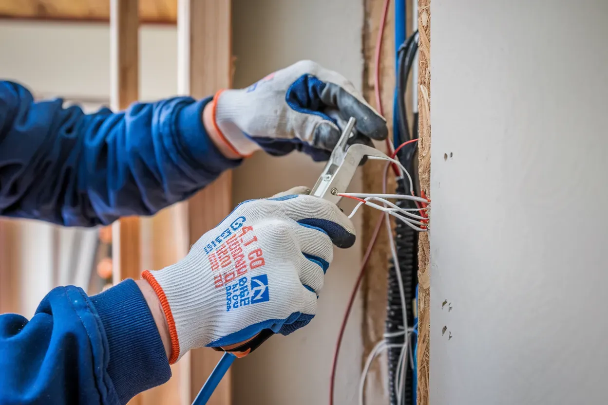 Electrician in blue shirt and gloves cutting wires in a wall, near electrical conduit.