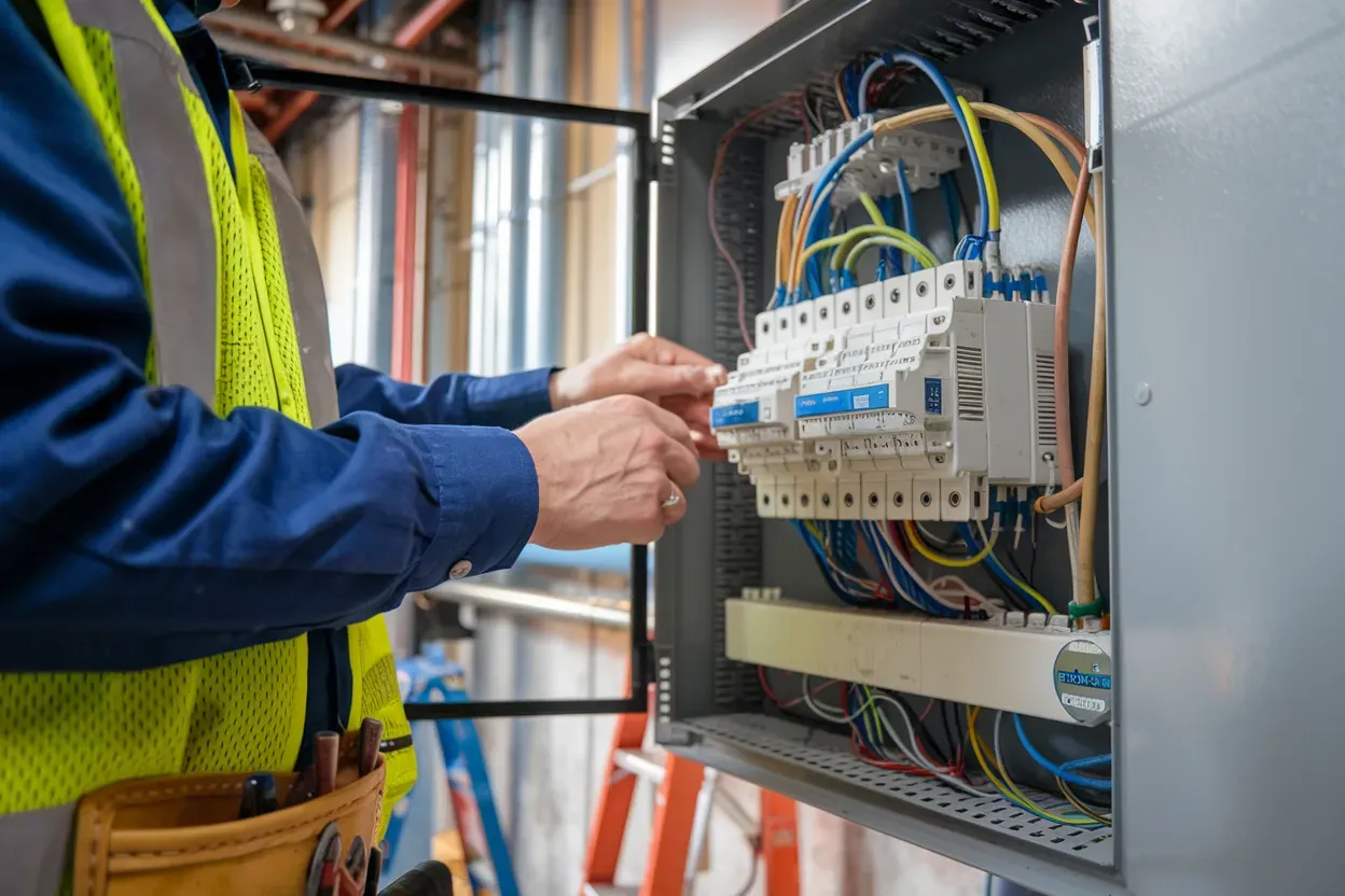 Electrician working on electrical panel, wearing safety vest.