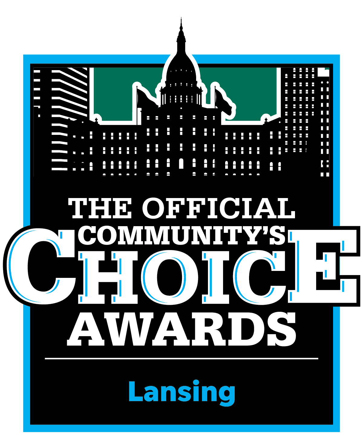 Official Community's Choice Awards, Lansing. Silhouette of city skyline, teal and black box with white text.