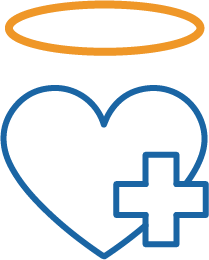 Blue heart with a plus sign, orange halo above.