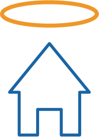 Blue house outline with orange oval above.