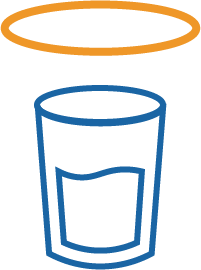 Blue glass with liquid, orange oval above.