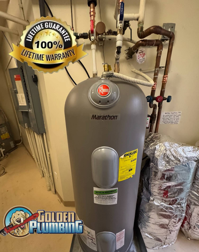 A water heater with a lifetime warranty is sitting in a room.