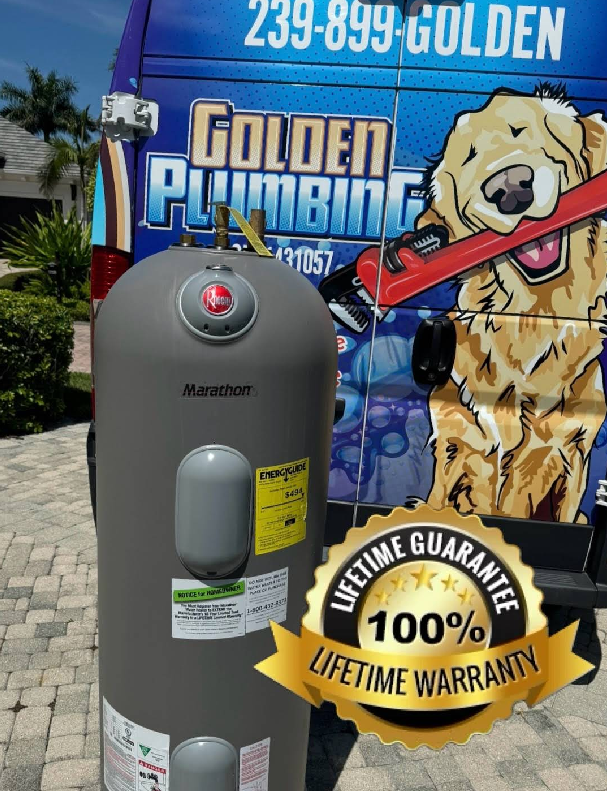 A lifetime warranty is on a water heater in front of a golden plumbing van