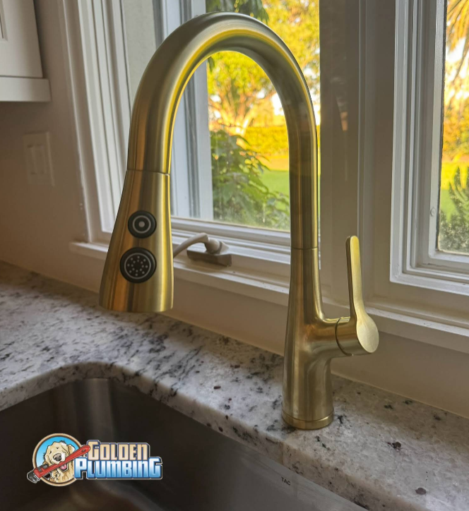 A kitchen sink with a faucet that says golden plumbing