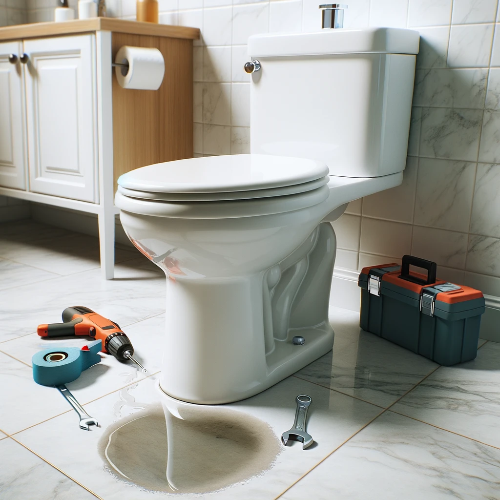 A photo showcasing a bathroom with a white ceramic toilet. The leak at the base is evident with a small puddle of water, and there's a tool kit and wrench nearby, hinting at an upcoming repair