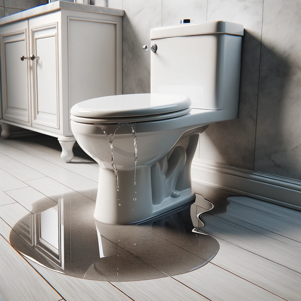 A snapshot of a bathroom floor showing small puddles of water near a toilet's base, signifying a possible leak