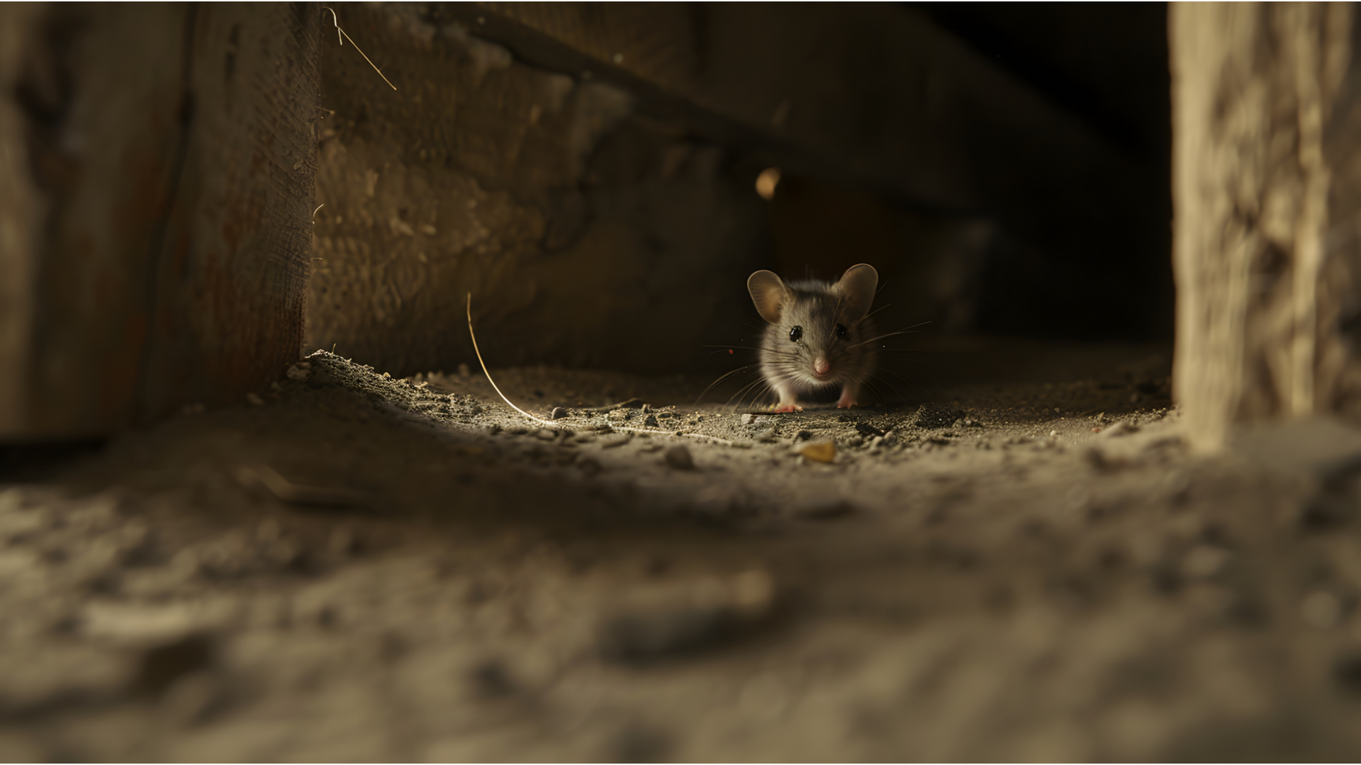 Mouse cautiously approaches, lit in dim, wooden space.