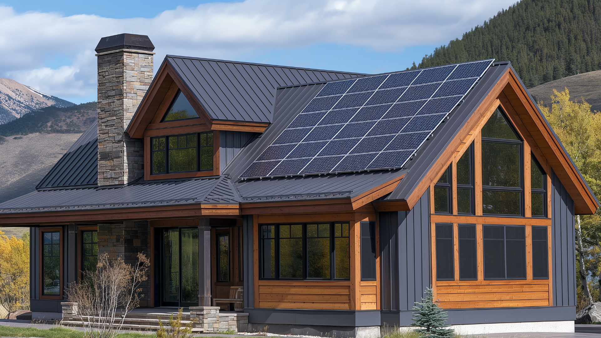 House with solar panels on roof and a mountain backdrop.