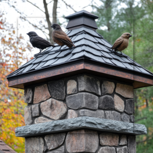 Three birds perched on top of a stone chimney