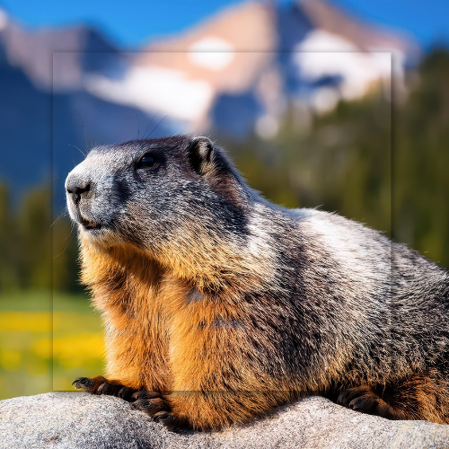 A rockchuck is sitting on a rock with mountains in the background