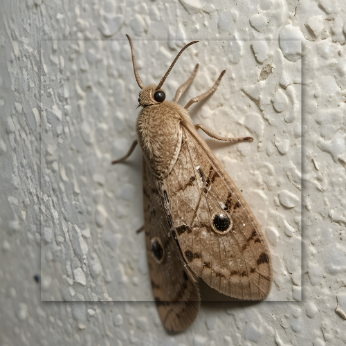 A close up of a moth on a white wall