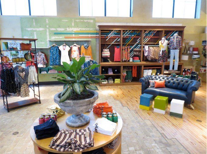 A store with a couch and a plant on a table