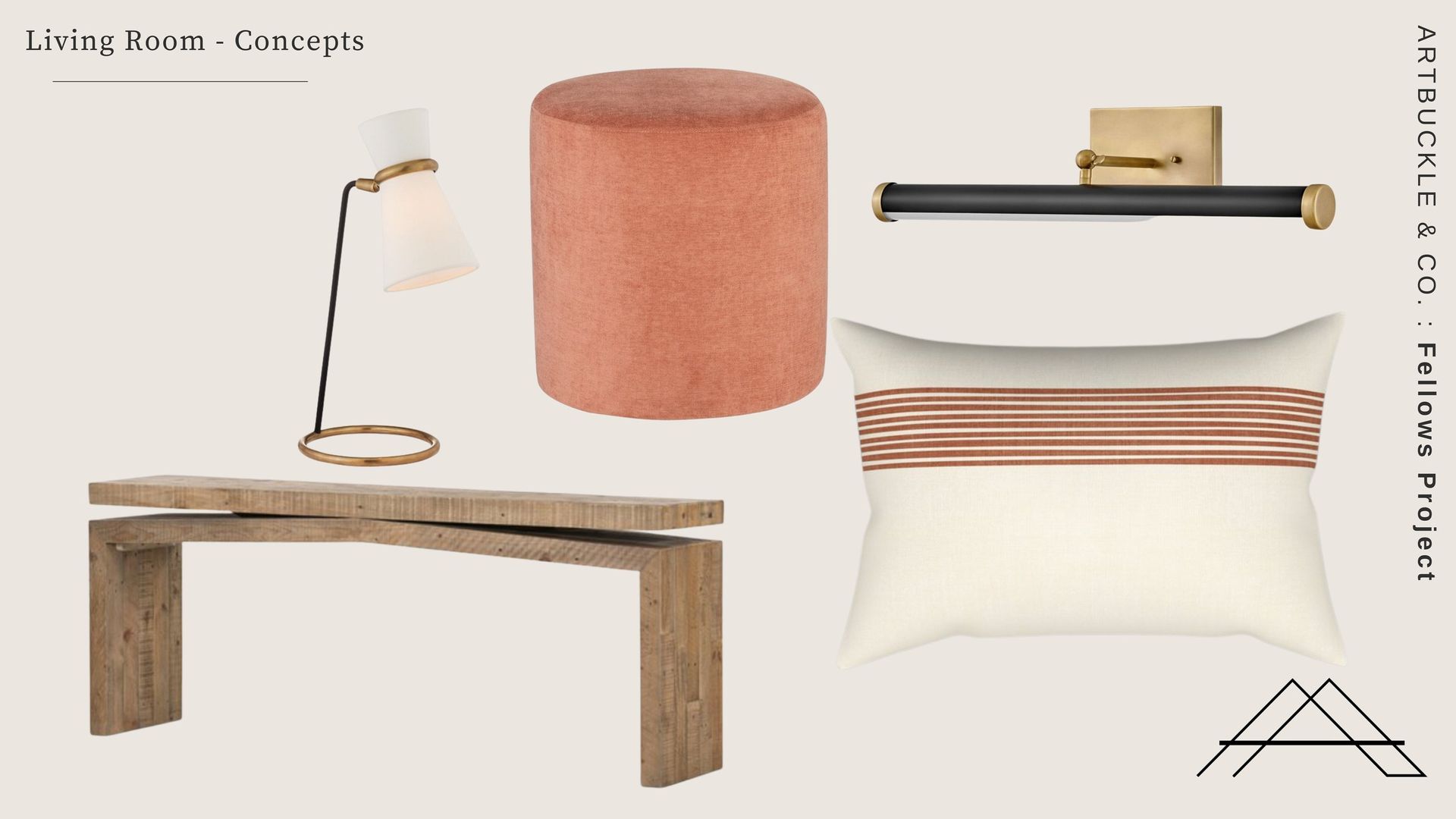 A living room concept with a table , ottoman , lamp and pillow