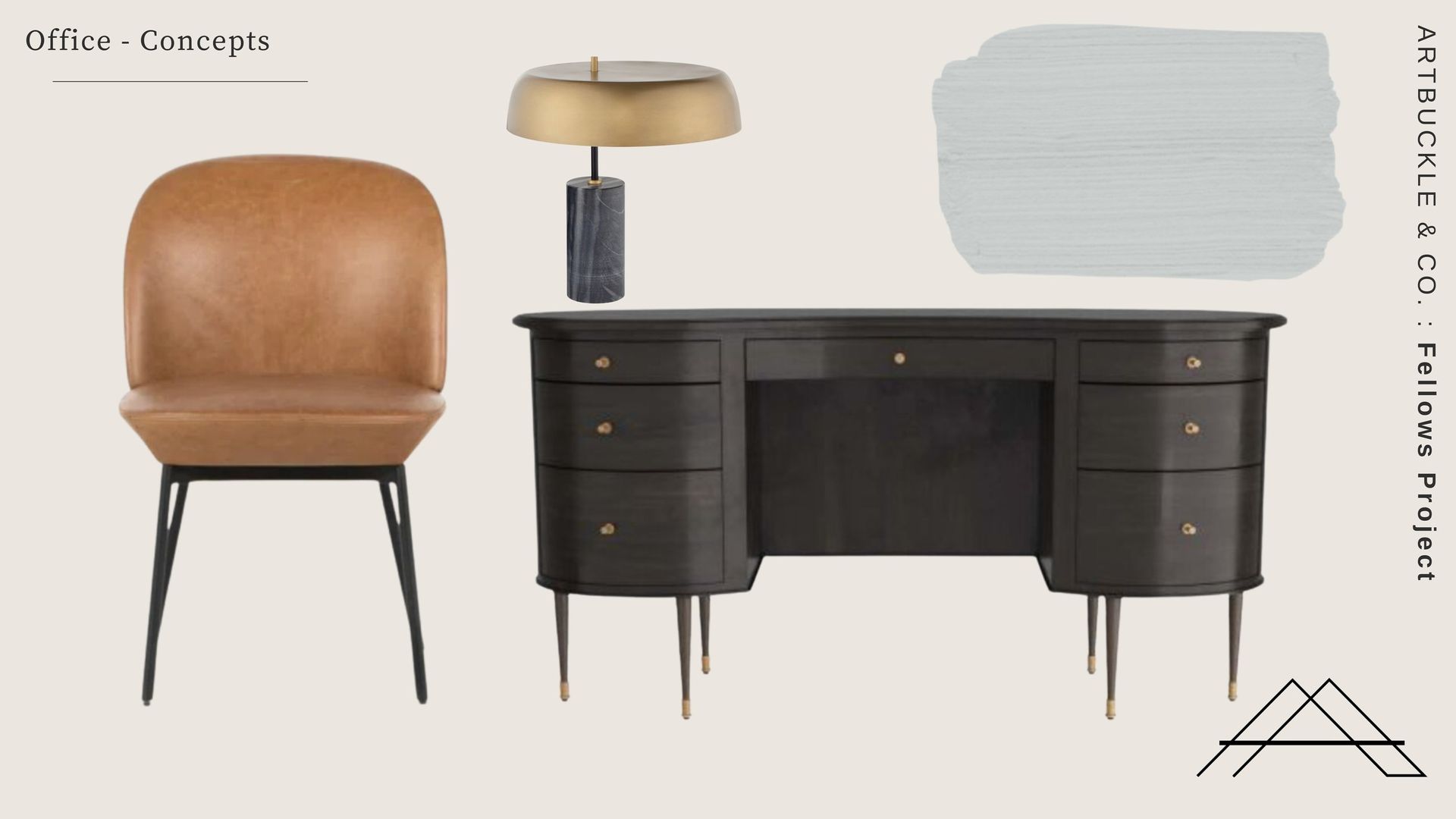 A picture of a desk , chair , lamp and mirror.