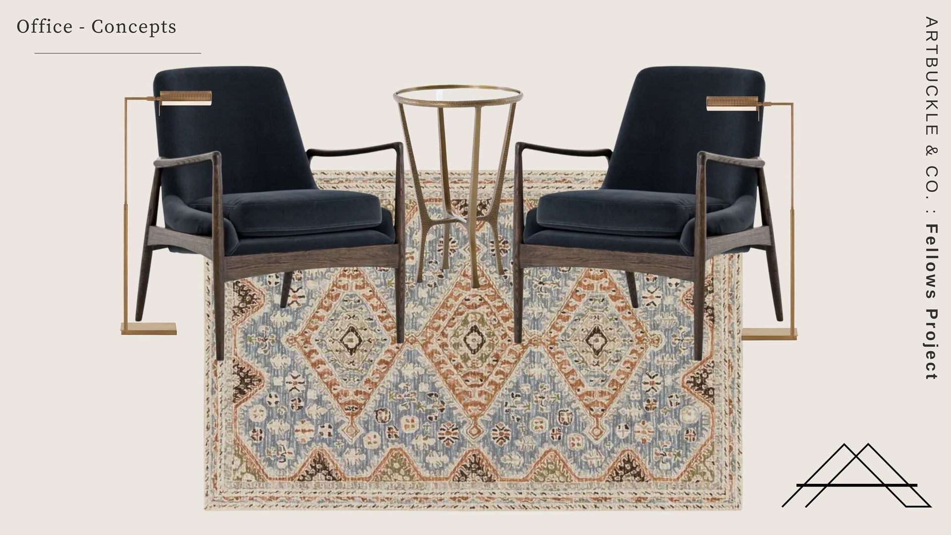 Two chairs are sitting on a rug next to a table.